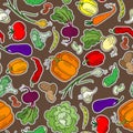Seamless illustration on the theme of vegetables and healthy food, ripe bright vegetables ,patch icons on a brown background